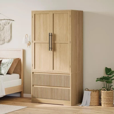 Bedroom Wooden Armoire Wardrobe Closet, Freestanding Wardrobe Armoire Cabinet With Glass/Wood Doors And 2 Drawers, Shelves & Hanging Rod 11 Bedroom Wooden Armoire Wardrobe Closet, Freestanding Wardrobe Armoire Cabinet With Glass/Wood Doors And 2 Drawers, Shelves & Hanging Rod - Image 9
