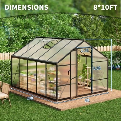 8x10 FT Aluminum Large Walk-in Green House Polycarbonate Greenhouse With Roof Vent Ground Nails Lockable Push Door 5 8x10 FT Aluminum Large Walk-in Green House Polycarbonate Greenhouse With Roof Vent Ground Nails Lockable Push Door - Image 3