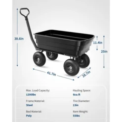 Garden Dump Cart, Utility Wagon With 180° Adjustable Handle, All Terrain Tires, Quick Release, Poly Yard Cart