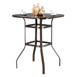 Bar Height Patio Table Bistro High Top Patio Table Outdoor Bar Table Metal Frame Tempered Glass Table