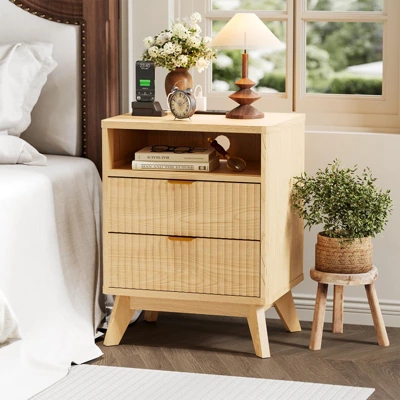 Fluted Night Stand, Wood Fluted Nightstand With Charging Station & 2 Drawers And Open Shelf 9 Fluted Night Stand, Wood Fluted Nightstand With Charging Station & 2 Drawers And Open Shelf - Image 7