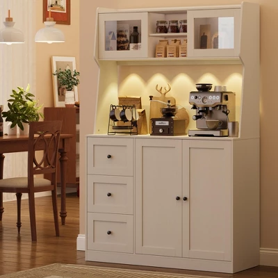 67" Tall Kitchen Hutch Storage Cabinet, Farmhosue Coffee Bar Cabinet With 3 Drawers And LED Lights, Freestanding Food Pantry With Countertop 13 67" Tall Kitchen Hutch Storage Cabinet, Farmhosue Coffee Bar Cabinet With 3 Drawers And LED Lights, Freestanding Food Pantry With Countertop - Image 11