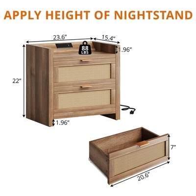 Night Stand Set Of 2 Rattan Nightstands With Charging Station 23.6" Wide Boho Bedside Tables With 2 Drawers Modern Larger Nightstands, Brown 4 Night Stand Set Of 2 Rattan Nightstands With Charging Station 23.6" Wide Boho Bedside Tables With 2 Drawers Modern Larger Nightstands, Brown - Image 2