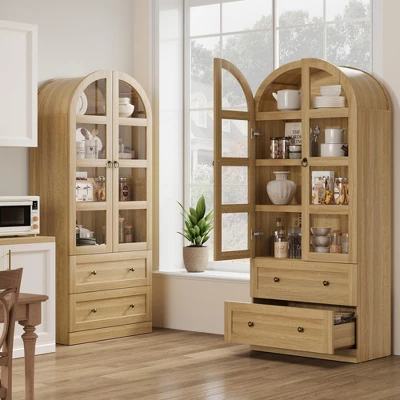 72" Tall Arched Kitchen Pantry Cabinet, Farmhouse Pantry Storage Cabinet With 2 Drawers & Glass Door, Freestanding Versatile Pantry Cabinets 6 72" Tall Arched Kitchen Pantry Cabinet, Farmhouse Pantry Storage Cabinet With 2 Drawers & Glass Door, Freestanding Versatile Pantry Cabinets - Image 4