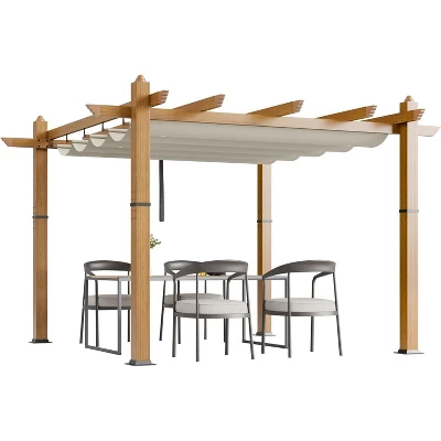 10x10ft Outdoor Aluminum Pergola Retractable UPF50+ Waterproof Canopy, Wood Grain Frame, Tool-Free Assembly, Off-White Curtains 3 10x10ft Outdoor Aluminum Pergola Retractable UPF50+ Waterproof Canopy, Wood Grain Frame, Tool-Free Assembly, Off-White Curtains