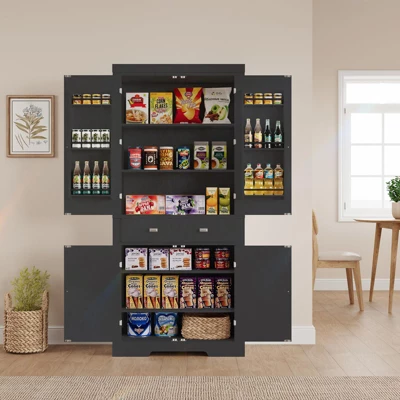 Kitchen Pantry Cabinet, 72" High Freestanding Tall Storage Cabinet With 6 Door Shelves, 2 Cabinets, 4 Adjustable Shelves And 1 Drawer 8 Kitchen Pantry Cabinet, 72" High Freestanding Tall Storage Cabinet With 6 Door Shelves, 2 Cabinets, 4 Adjustable Shelves And 1 Drawer - Image 6