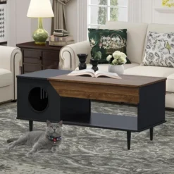 45'' Wooden Rustic Coffee Table With Cat House, Hidden Kitty Litter Box Furniture， Living Room Tables With Storage Drawer -House Beautiful GUEST 047e8c42 106c 45e3 85a8 d6fcd857042b