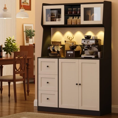 67" Tall Kitchen Hutch Storage Cabinet, Farmhosue Coffee Bar Cabinet With 3 Drawers And LED Lights, Freestanding Food Pantry With Countertop 5 67" Tall Kitchen Hutch Storage Cabinet, Farmhosue Coffee Bar Cabinet With 3 Drawers And LED Lights, Freestanding Food Pantry With Countertop - Image 3
