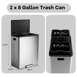 60L 16 Gallon Step Dual Trash Can With Lid, Large Stainless Steel Double Recycling Bin 11 60L 16 Gallon Step Dual Trash Can With Lid, Large Stainless Steel Double Recycling Bin -House Beautiful GUEST 05af17f5 70c9 4104 8a73 34e456903aac