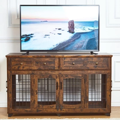 Dog Crate Furniture With 5 Doors, 58" Wooden Dog Kennel End Table With Large Capacity Drawers, Dog House With Openable Divider 4 Dog Crate Furniture With 5 Doors, 58" Wooden Dog Kennel End Table With Large Capacity Drawers, Dog House With Openable Divider - Image 2