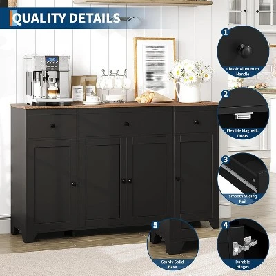 55" Sideboard Buffet Cabinet With Storage, Minimalist Kitchen Storage Cabinet With 3 Drawers & 4 Doors, Farmhouse Buffet Console Table Coffee Bar 3 55" Sideboard Buffet Cabinet With Storage, Minimalist Kitchen Storage Cabinet With 3 Drawers & 4 Doors, Farmhouse Buffet Console Table Coffee Bar