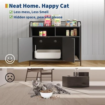 Cat Litter Box Enclosure With Metal Frame And Dual Storage Shelves, Modern Hidden Litter Box Furniture Indoor Cat House 5 Cat Litter Box Enclosure With Metal Frame And Dual Storage Shelves, Modern Hidden Litter Box Furniture Indoor Cat House - Image 3