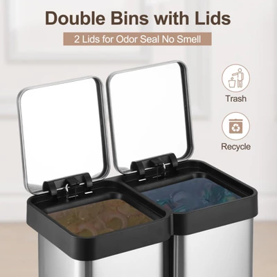 13 Gallon Dual Trash & Recycling Bin - Fingerprint Proof Stainless Steel, Double Lid, Hands-Free Step, Space-Saving Design 3 13 Gallon Dual Trash & Recycling Bin - Fingerprint Proof Stainless Steel, Double Lid, Hands-Free Step, Space-Saving Design