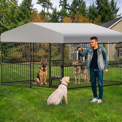 8X4FT/10X10FT/4X4FT Large Outdoor Dog Kennel, Heavy Duty Metal Dog Cage With Roof, Lock And Rotating Feeder, For All Dog Breeds 7 8X4FT/10X10FT/4X4FT Large Outdoor Dog Kennel, Heavy Duty Metal Dog Cage With Roof, Lock And Rotating Feeder, For All Dog Breeds - Image 5