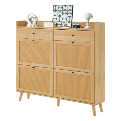 Rattan Shoe Cabinet Storage For Entryway With 4 Flip Drawers And 2 Drawer, Farmhouse Narrow Shoe Rack Organizer Hidden Shoe Rack Drawer 4 Rattan Shoe Cabinet Storage For Entryway With 4 Flip Drawers And 2 Drawer, Farmhouse Narrow Shoe Rack Organizer Hidden Shoe Rack Drawer - Image 2