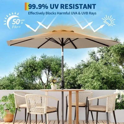 9ft Patio Umbrella, Crank & Tilt, 8-Rib, Water-Resistant Table Umbrella, UV Protection, Adjustable For Garden, Tan 3 9ft Patio Umbrella, Crank & Tilt, 8-Rib, Water-Resistant Table Umbrella, UV Protection, Adjustable For Garden, Tan