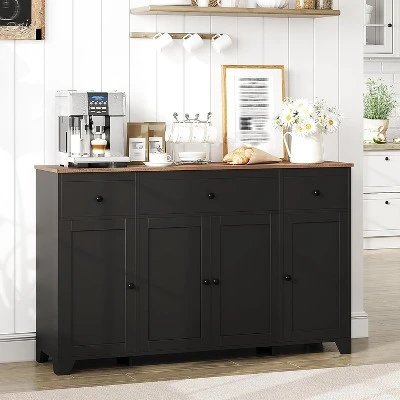 55" Sideboard Buffet Cabinet With Storage, Minimalist Kitchen Storage Cabinet With 3 Drawers & 4 Doors, Farmhouse Buffet Console Table Coffee Bar 6 55" Sideboard Buffet Cabinet With Storage, Minimalist Kitchen Storage Cabinet With 3 Drawers & 4 Doors, Farmhouse Buffet Console Table Coffee Bar - Image 4