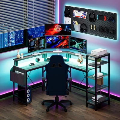 61 Inch L-Shaped Gaming Desk, Ergonomic Computer Desk, With 5-Tier Shelves, LED, Power Outlet & Storage Bag 5 61 Inch L-Shaped Gaming Desk, Ergonomic Computer Desk, With 5-Tier Shelves, LED, Power Outlet & Storage Bag - Image 3