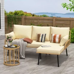 3-Piece L-Shaped Patio Furniture Set, All-Weather Outdoor Sectional Sofa With Cushions & Glass Coffee Table