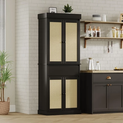 Kitchen Pantry Cabinet, Tall Storage Cabinet With Rattan Doors And Adjustable Shelves, Freestanding Cupboard With Drawer For Bathroom, (Black) 4 Kitchen Pantry Cabinet, Tall Storage Cabinet With Rattan Doors And Adjustable Shelves, Freestanding Cupboard With Drawer For Bathroom, (Black) - Image 2