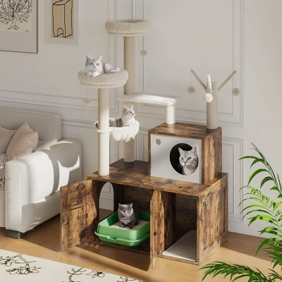 Cat Tree With Litter Box Enclosure, Wooden Cat Condo With Platform, Hammock, Pompoms, Scratching Posts, All-in-One Cat Furniture 5 Cat Tree With Litter Box Enclosure, Wooden Cat Condo With Platform, Hammock, Pompoms, Scratching Posts, All-in-One Cat Furniture - Image 3