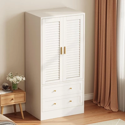 Wooden Armoire Wardrobe Closet - 2 Doors & 2 Drawers, Freestanding Bedroom Storage Cabinet With Shelves 10 Wooden Armoire Wardrobe Closet - 2 Doors & 2 Drawers, Freestanding Bedroom Storage Cabinet With Shelves - Image 8