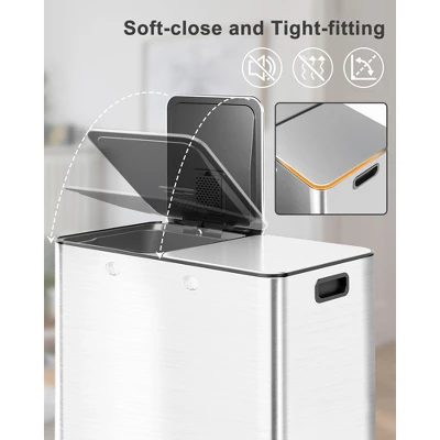 2x8 Gallon (30L) Stainless Steel Dual Compartment Trash Can, Step On Pedal, Soft Close Lid, Brushed Finish, Silver For Kitchen Recycling 5 2x8 Gallon (30L) Stainless Steel Dual Compartment Trash Can, Step On Pedal, Soft Close Lid, Brushed Finish, Silver For Kitchen Recycling - Image 3