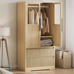 Bedroom Wooden Armoire Wardrobe Closet, Freestanding Wardrobe Armoire Cabinet With Glass/Wood Doors And 2 Drawers, Shelves & Hanging Rod 18 Bedroom Wooden Armoire Wardrobe Closet, Freestanding Wardrobe Armoire Cabinet With Glass/Wood Doors And 2 Drawers, Shelves & Hanging Rod -House Beautiful GUEST 0c7bceee 4556 454c 8fe2 ebb78feeac20