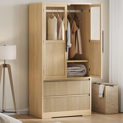 Bedroom Wooden Armoire Wardrobe Closet, Freestanding Wardrobe Armoire Cabinet With Glass/Wood Doors And 2 Drawers, Shelves & Hanging Rod 10 Bedroom Wooden Armoire Wardrobe Closet, Freestanding Wardrobe Armoire Cabinet With Glass/Wood Doors And 2 Drawers, Shelves & Hanging Rod - Image 8