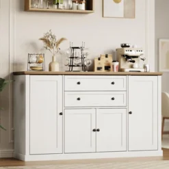 Farmhouse 58" Sideboard Buffet Cabinet With 2 Drawers And 4 Grooved Barn Doors, Wood Coffee Bar Buffet Table For Kitchen -House Beautiful GUEST 0de65038 6167 48b6 a189 6b62d82dfd35