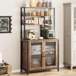 Bakers Rack With Cabinet 5 Tier Microwave Stand 63.78" Standing Bakers Rack With Door Tall Coffee Bar Brown Home Bar Cabinet