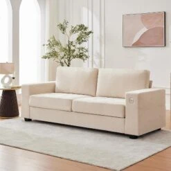 90" Oversized Mid-Century Chenille Cloud Couch – Deep Seat 3-Seater Sofa With USB Charging Ports, Side Pockets & Wood/Iron Frame, Beige 17 90" Oversized Mid-Century Chenille Cloud Couch – Deep Seat 3-Seater Sofa With USB Charging Ports, Side Pockets & Wood/Iron Frame, Beige -House Beautiful GUEST 0e090004 97a9 4b48 add7 4569236a9699