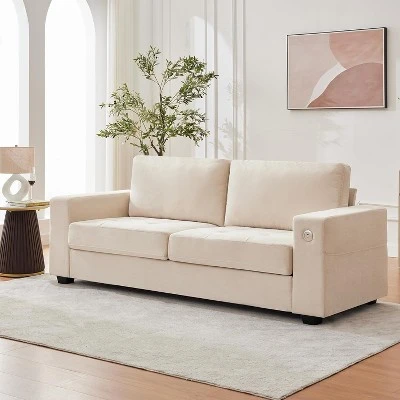 90" Oversized Mid-Century Chenille Cloud Couch – Deep Seat 3-Seater Sofa With USB Charging Ports, Side Pockets & Wood/Iron Frame, Beige 9 90" Oversized Mid-Century Chenille Cloud Couch – Deep Seat 3-Seater Sofa With USB Charging Ports, Side Pockets & Wood/Iron Frame, Beige - Image 7