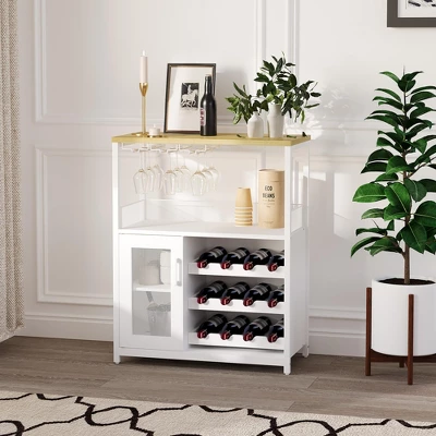 3-Tier Wine & Coffee Bar Cabinet With Storage Door, Liquor Cabinet With Wine Rack & Glass Holder For Kitchen, Dining Room, Living Room, White 9 3-Tier Wine & Coffee Bar Cabinet With Storage Door, Liquor Cabinet With Wine Rack & Glass Holder For Kitchen, Dining Room, Living Room, White - Image 7