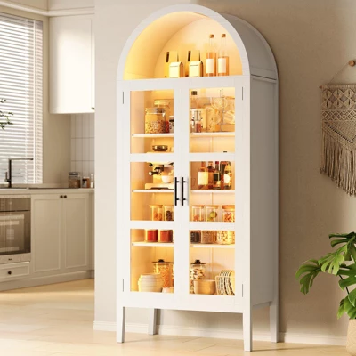 70" Tall Arched Kitchen Pantry Cabinet With Lights, Modern Wood Arched Cabinet With Glass Doors & Adjustable Shelves 9 70" Tall Arched Kitchen Pantry Cabinet With Lights, Modern Wood Arched Cabinet With Glass Doors & Adjustable Shelves - Image 7
