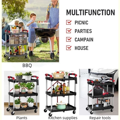 3 Tier Portable Collapsible Service Cart, Foldable Rolling Utility Cart With 360¡ã Swivel Wheels, 2 Brakes, For Home Office Garage, Grey 6 3 Tier Portable Collapsible Service Cart, Foldable Rolling Utility Cart With 360¡ã Swivel Wheels, 2 Brakes, For Home Office Garage, Grey - Image 4