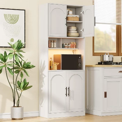 Kitchen Pantry Cabinet With Microwave Stand, Farmhouse Large Wood Storage Cabinet With Barn Doors & 2 Open Shelves 7 Kitchen Pantry Cabinet With Microwave Stand, Farmhouse Large Wood Storage Cabinet With Barn Doors & 2 Open Shelves - Image 5