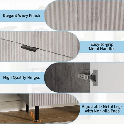 Fluted Sideboard Buffet Cabinet With Storage, Modern Coffee Bar Cabinet With Adjustable Shelves & 2 Drawers, Wood Buffet Console Table 5 Fluted Sideboard Buffet Cabinet With Storage, Modern Coffee Bar Cabinet With Adjustable Shelves & 2 Drawers, Wood Buffet Console Table - Image 3