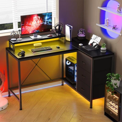 47 Inch Computer Desk, L Shaped Desk With Power Outlets And Led Lights, 3-Drawer Gaming Desk With Storage Shelves And Monitor Stand, Reversible 3 47 Inch Computer Desk, L Shaped Desk With Power Outlets And Led Lights, 3-Drawer Gaming Desk With Storage Shelves And Monitor Stand, Reversible
