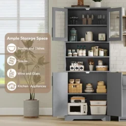 67" Tall Storage Cabinet, Pantry Cabinets With Glass Doors And Adjustable Shelves, Freestanding Kitchen Cupboard For Living Room, Dining Room