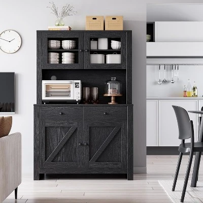 Kitchen Pantry Storage Cabinet With Microwave Stand & Coffee Bar Cabinet,Freestanding Hutch Cabinet With 4Doors 6 Kitchen Pantry Storage Cabinet With Microwave Stand & Coffee Bar Cabinet,Freestanding Hutch Cabinet With 4Doors - Image 4