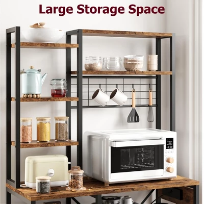 Bakers Rack With Power Outlet, Industrial Microwave Stand With 2 Wire Drawer, Large Coffee Bar Station 6 Bakers Rack With Power Outlet, Industrial Microwave Stand With 2 Wire Drawer, Large Coffee Bar Station - Image 4