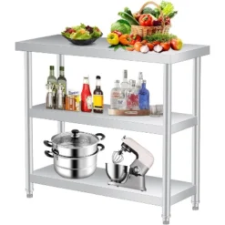 Stainless Steel Work Table With Lockable Casters, 3-Tier Commercial Kitchen Prep Table, Metal Utility Table