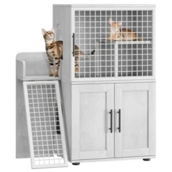 41.9'' H Cat Litter Box Enclosure With Platform, Double Layer Hidden Cat Furniture - Modern Multi-Level Indoor House With Ladder -House Beautiful GUEST 1318094b 1159 4299 8113 181ae831e43b