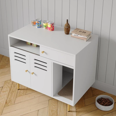 Hidden Cat Litter Box Enclosure - White End Table W/2 Storage Compartments, Scratching Mat & Ventilation, Dog-Proof Design 6 Hidden Cat Litter Box Enclosure - White End Table W/2 Storage Compartments, Scratching Mat & Ventilation, Dog-Proof Design - Image 4