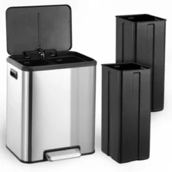 Dual Compartment Trash Can With Lid, 2x4 Gallons (30L) Stainless Steel Waste Bin With 2 Removable Inner Bucket And Soft Close Lid For Courtyard -House Beautiful GUEST 14017153 bcaf 44e6 bc25 a93ba7c51ca6