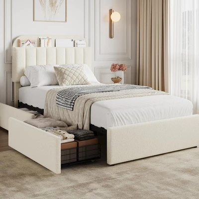 Twin Bed Frame With Storage Headboard, Kids Bed Frame With 2 Drawers, Boucle Upholstered Platform Bed With Bookcase, No Box Spring Needed 4 Twin Bed Frame With Storage Headboard, Kids Bed Frame With 2 Drawers, Boucle Upholstered Platform Bed With Bookcase, No Box Spring Needed - Image 2