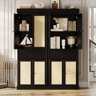 Kitchen Pantry Cabinet, Tall Storage Cabinet With Rattan Doors And Adjustable Shelves, Freestanding Cupboard With Drawer For Bathroom, (Black) 8 Kitchen Pantry Cabinet, Tall Storage Cabinet With Rattan Doors And Adjustable Shelves, Freestanding Cupboard With Drawer For Bathroom, (Black) - Image 6