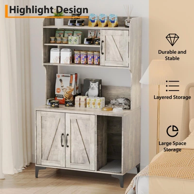 Large Cat Litter Box Enclosure Furniture - Farmhouse Style Pet House With 3 Open Shelves, Storage Cabinet & Scratch Pad - Modern Wood End Table 7 Large Cat Litter Box Enclosure Furniture - Farmhouse Style Pet House With 3 Open Shelves, Storage Cabinet & Scratch Pad - Modern Wood End Table - Image 5