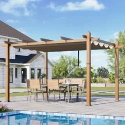 10x10ft Outdoor Aluminum Pergola Retractable UPF50+ Canopy, Wood Grain Frame, Khaki Curtain, Tool-Free Assembly -House Beautiful GUEST 150e1b0b 5df9 457f 8ef0 86045fc834c5